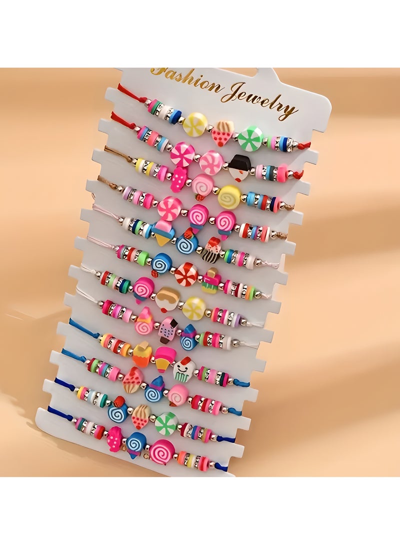 LIXADA 12pcs Cute Adjustable Clay Beaded Bracelets, Assorted Colorful Candy Themed Hand-woven Jewelry, Fashion Daily & Holiday Style Accessory, Gift for Kids Age 3+ (Random Color)  - Image 1