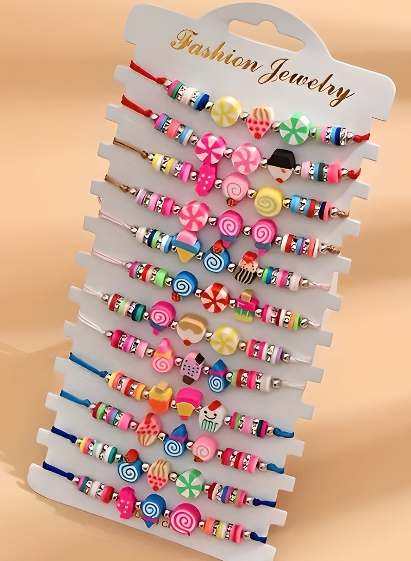 LIXADA 12pcs Cute Adjustable Clay Beaded Bracelets, Assorted Colorful Candy Themed Hand-woven Jewelry, Fashion Daily & Holiday Style Accessory, Gift for Kids Age 3+ (Random Color)  - Image 2