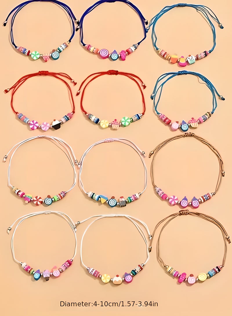 LIXADA 12pcs Cute Adjustable Clay Beaded Bracelets, Assorted Colorful Candy Themed Hand-woven Jewelry, Fashion Daily & Holiday Style Accessory, Gift for Kids Age 3+ (Random Color)  - Image 3