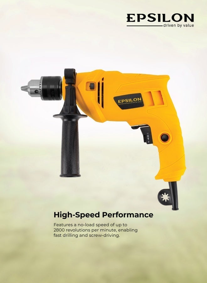 إبسلون مثقاب مطرقي 600 واط، مقبض مريح، سرعة متغيرة 0–2800 دورة في الدقيقة، ظرف 13 مم، مثقاب كهربائي قوي للخشب والمعدن والخرسانة للاستخدام المنزلي والمهني - Image 2