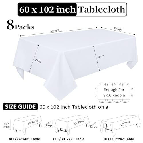 Heneger 8 Pack White Table Cloth 60 x 102 Inch Rectangular Tablecloths for 6 Foot Rectangle Tables, Wrinkle Resistant White Tablecloth Washable Polyester Fabric Table Covers for Party Wedding Banquet - Image 2