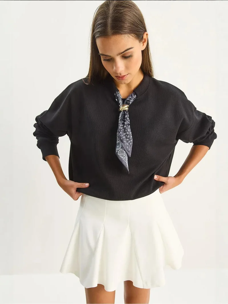Bianco Lucci Black Crew Neck Ribbed Sweatshirt with Scarf Accessory Detail for Women | Best Price UAE
