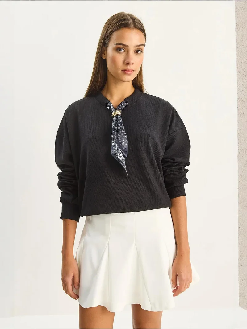 Bianco Lucci Black Crew Neck Ribbed Sweatshirt with Scarf Accessory Detail for Women | Best Price UAE