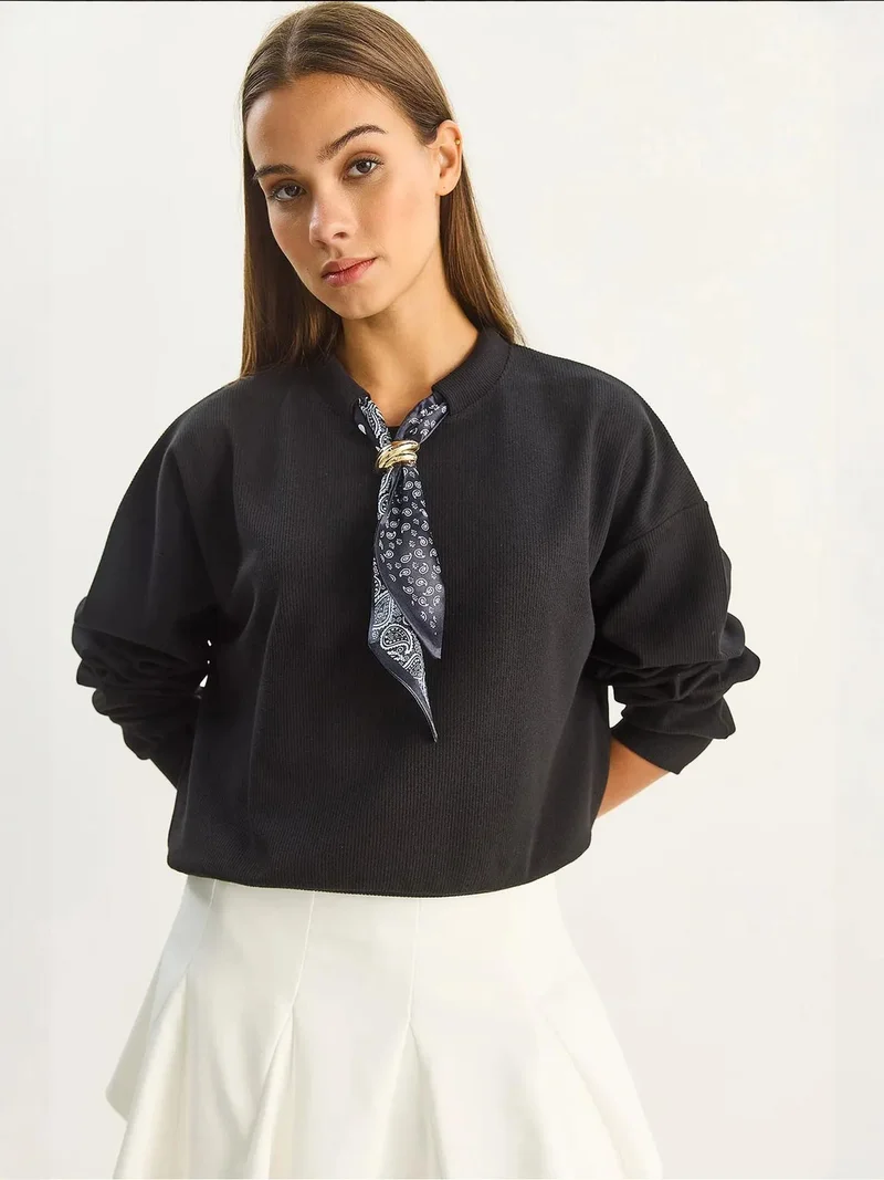 Bianco Lucci Black Crew Neck Ribbed Sweatshirt with Scarf Accessory Detail for Women | Best Price UAE