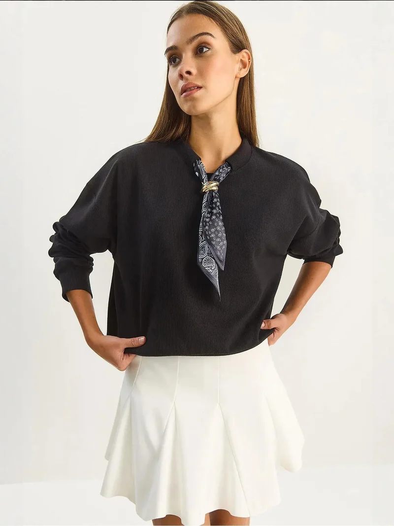 Crew Neck Ribbed Sweatshirt with Scarf Accessory Detail