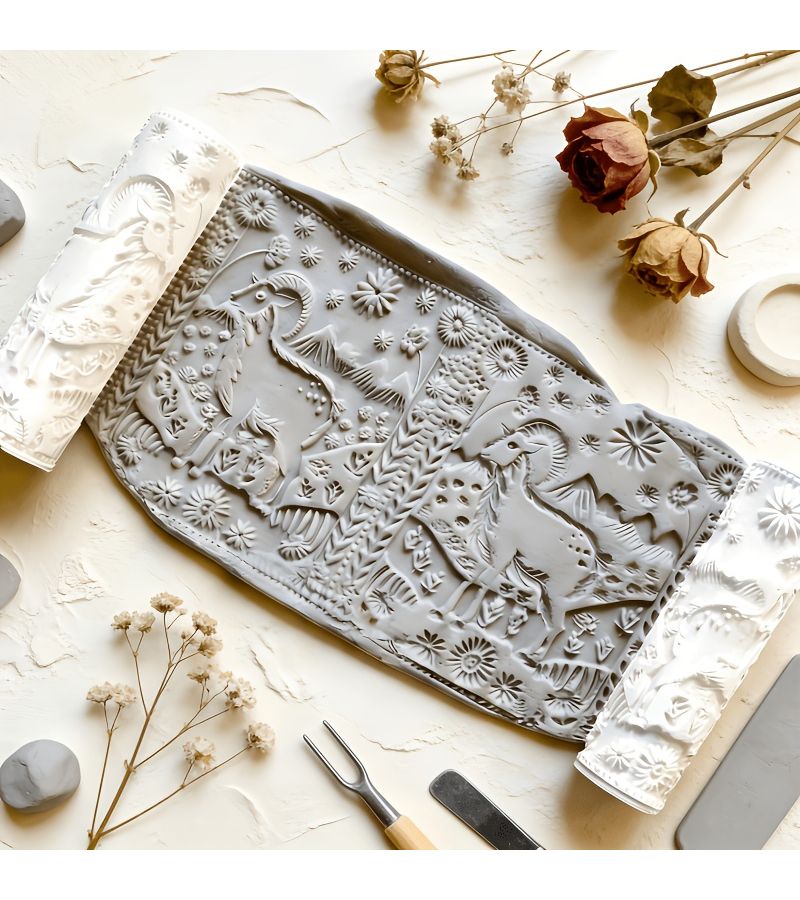 Luxurious Goat Pattern Roller - Concave Polymer Clay Embossing Tool For Ceramics Pottery Sculpture Weaving Jewelry Making And Art Design Craft Supplies Decorative Patterns - Image 1