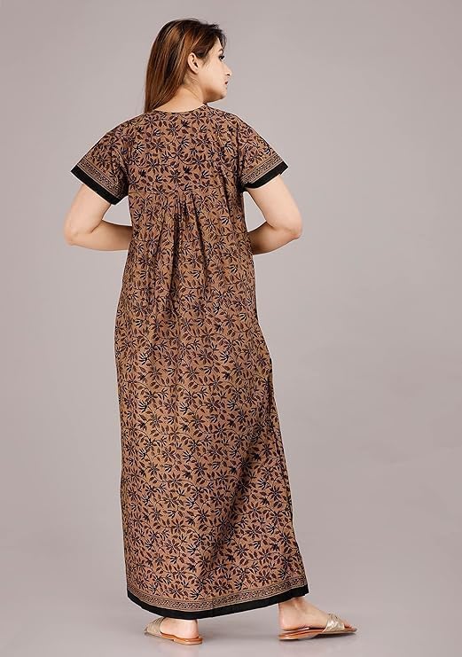 Vlazom Women's Pure Cotton Rajasthani Nighty & Jaipuri Maxi Gown – Pack of 2, Soft & Breathable Sleepwear (Purple&Brown, Free Size) - Image 4