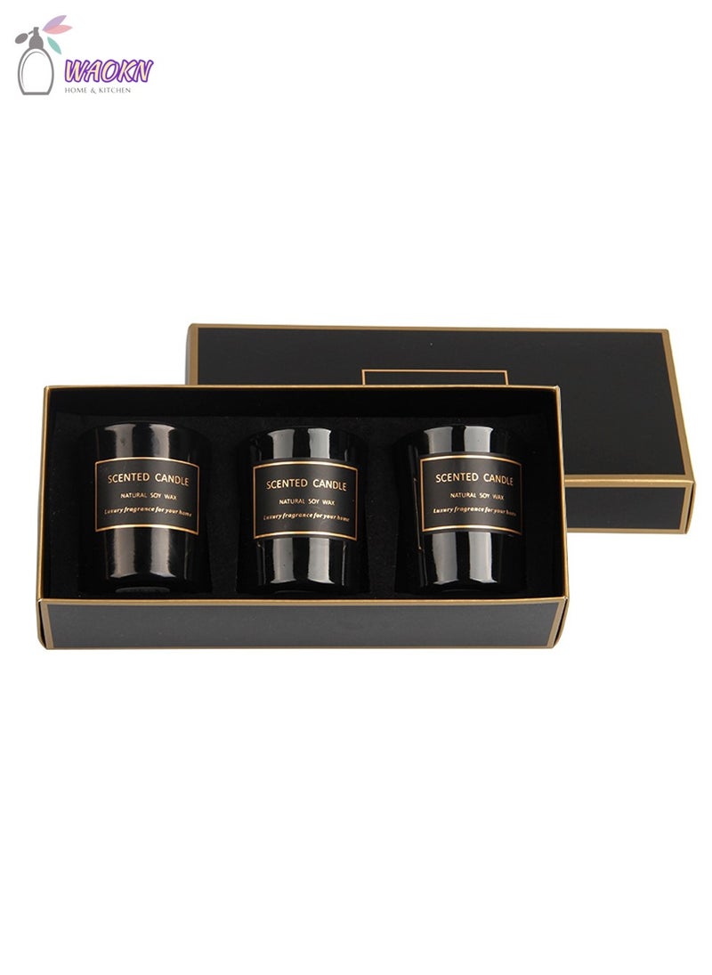 دبليو أيه أو كي أن مجموعة شموع عطرية منزلية، مجموعة من 3 قطع، كوب أسود، 55 جرام، شمع الصويا، شموع خشبية معطرة، صندوق هدايا، مجموعة هدايا، شموع معطرة تدوم طويلاً، تدوم من 11 إلى 15 ساعة. - Image 1