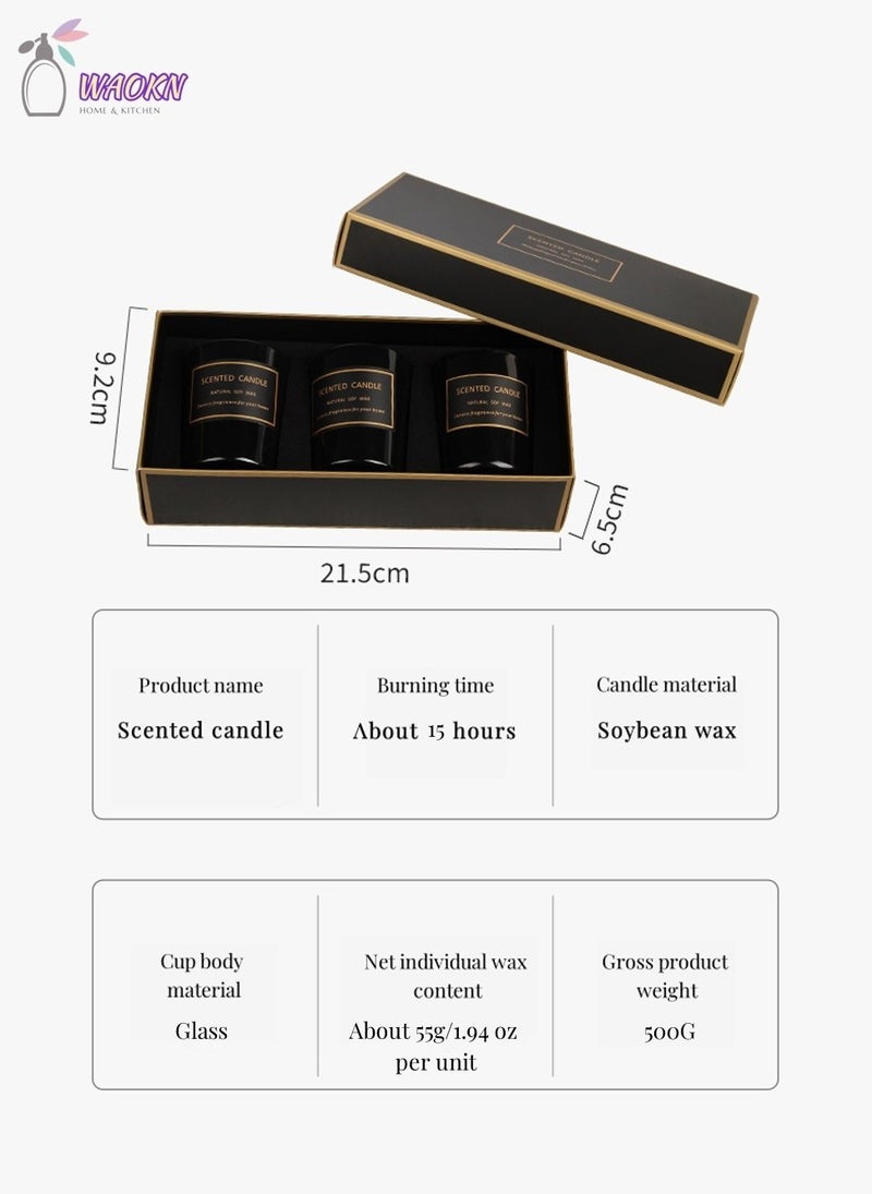 دبليو أيه أو كي أن مجموعة شموع عطرية منزلية، مجموعة من 3 قطع، كوب أسود، 55 جرام، شمع الصويا، شموع خشبية معطرة، صندوق هدايا، مجموعة هدايا، شموع معطرة تدوم طويلاً، تدوم من 11 إلى 15 ساعة. - Image 2