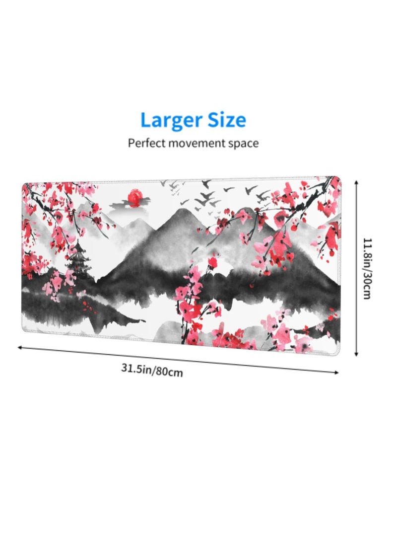 SOLARAE Japanese Cherry Blossom Gaming Mouse Pad, 31.5 X 11.8 Inch XL Pink Watercolor Design Mousepad Extended Large Laptop Keyboard Mouse Mat Non-Slip Rubber Base with Stitched Edges for Home Office - Image 3