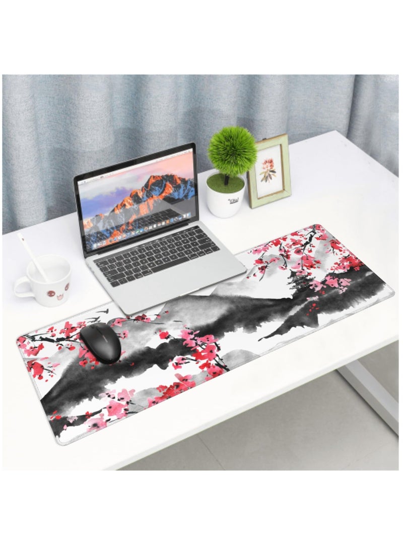 SOLARAE Japanese Cherry Blossom Gaming Mouse Pad, 31.5 X 11.8 Inch XL Pink Watercolor Design Mousepad Extended Large Laptop Keyboard Mouse Mat Non-Slip Rubber Base with Stitched Edges for Home Office - Image 2