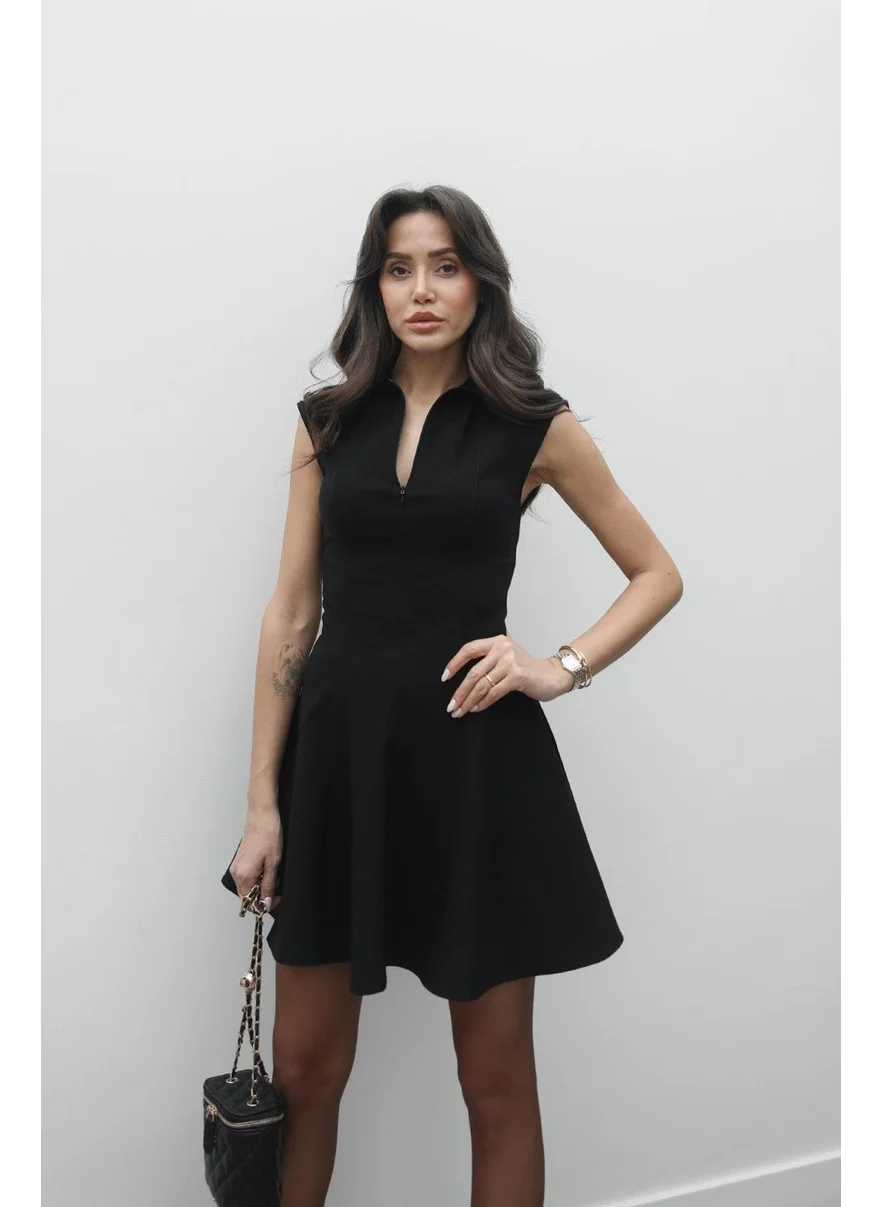 Havoş Black Half Zipper Flounce Dress