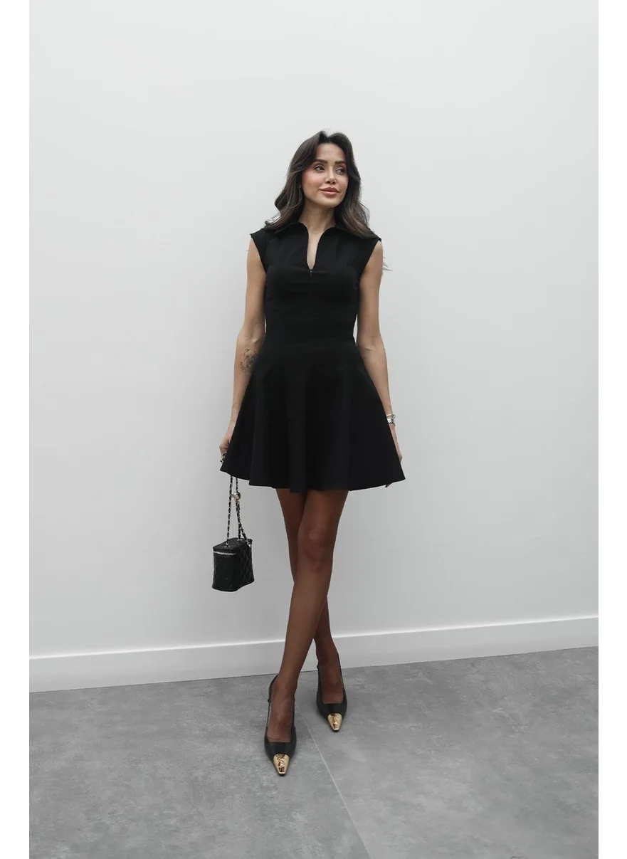 Havoş Black Half Zipper Flounce Dress