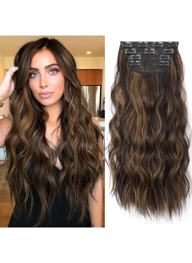 KooKaStyle Clip In Long Wavy Synthetic Hair Extension 20 Inch 4Pcs Balayage Dark Brown To Chestnut Hairpieces Fiber Thick Double Weft Hair Extension For Women  - Image 1