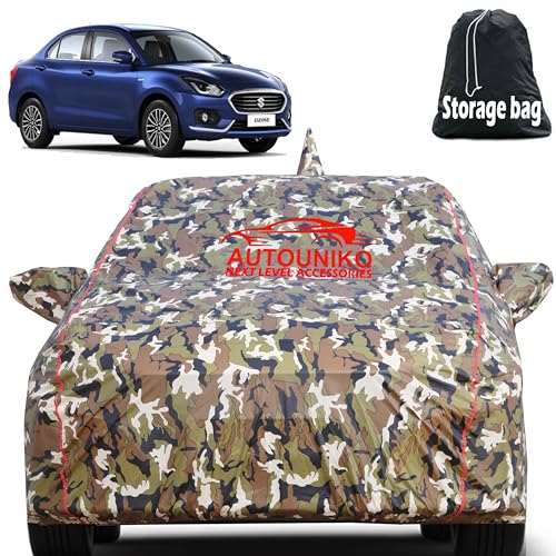 AUTOUNIKO Waterproof Car Body Cover for Maruti Suzuki Dzire (2017-2025) with Mirror and Antenna Pocket and Soft Cotton Lining (Full Bottom Elastic Triple Stitched) (Jungle Print with Red Piping) - Image 1