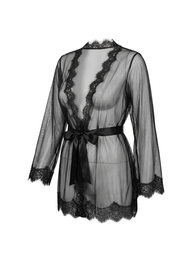 Women's Sheer Tulle Lingerie Robe with Lace Trim & Satin Belt - Black