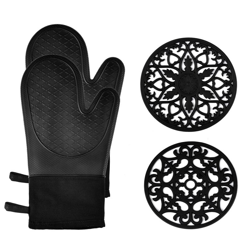 Domonic Home Domonic Home Oven Mitts and Pot Holders Sets Silicone Oven Mitts Heat Resistant 600F Soft Lining Good Grip Oven Mitts Sets Oven Gloves and Silicone Trivet 4Piece SetBlack 