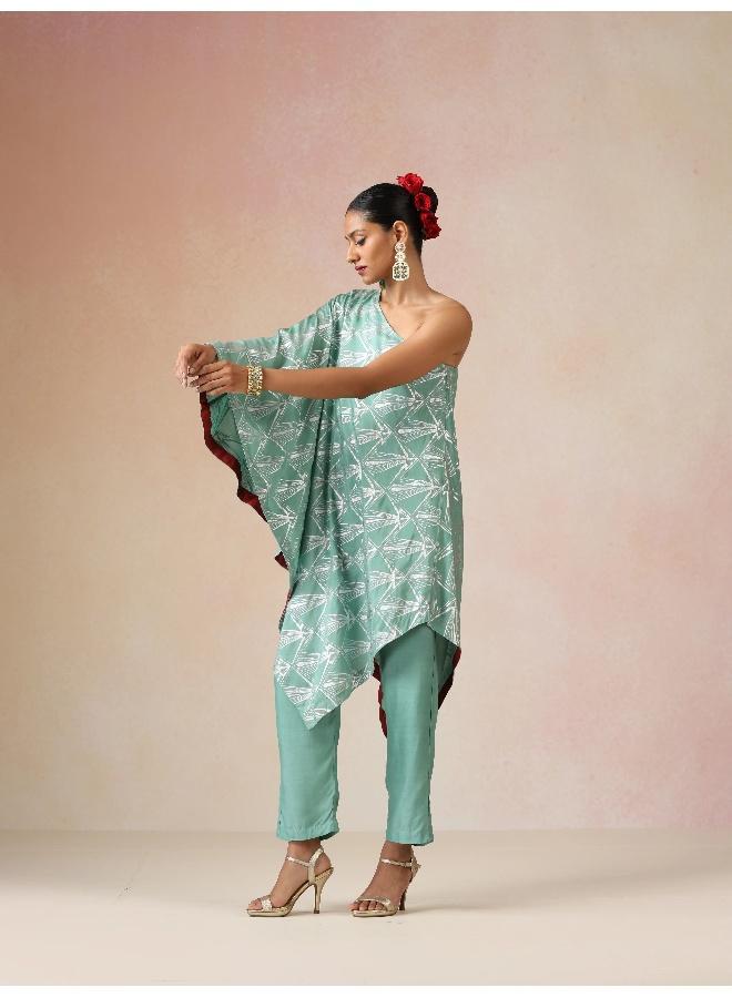 trueBrowns Mint Green Silver Foil Print Muslin Silk Asymmetric One-Shoulder Kurta Co-ord Set - Image 3