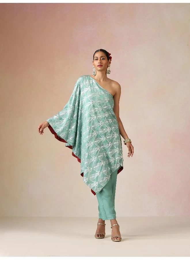 ترو برونز طقم كورتا بحمالة كتف واحدة غير متماثل من حرير الموسلين بطبعة فضية باللون الأخضر النعناعي من