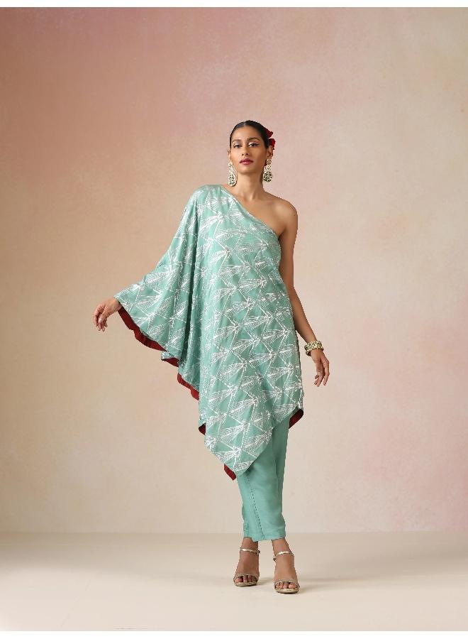 trueBrowns Mint Green Silver Foil Print Muslin Silk Asymmetric One-Shoulder Kurta Co-ord Set - Image 2