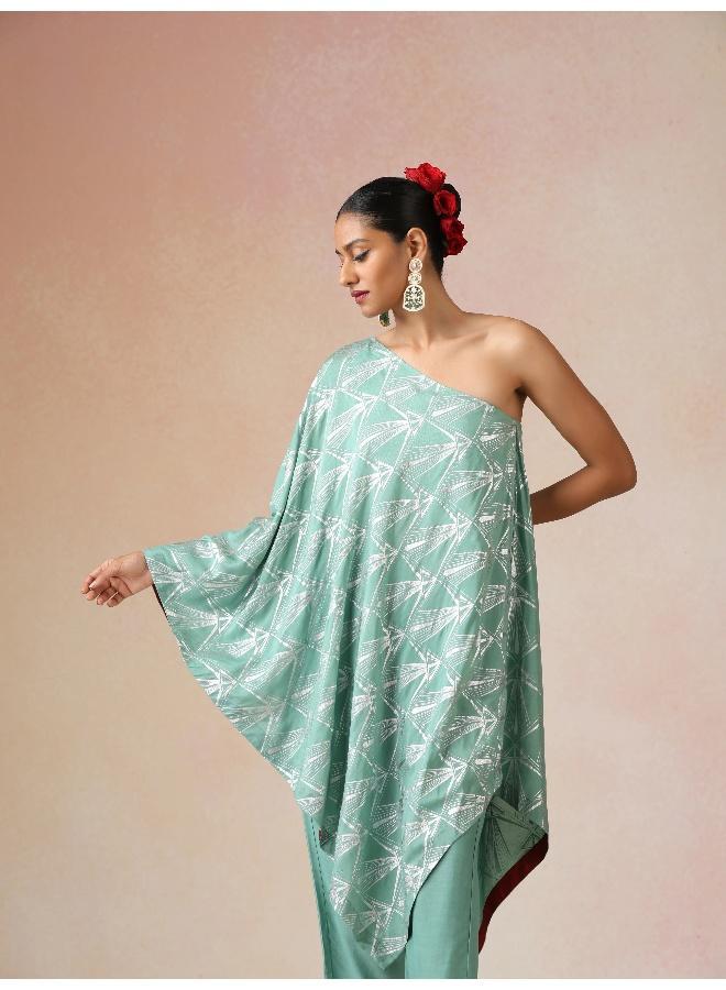 trueBrowns Mint Green Silver Foil Print Muslin Silk Asymmetric One-Shoulder Kurta Co-ord Set - Image 4