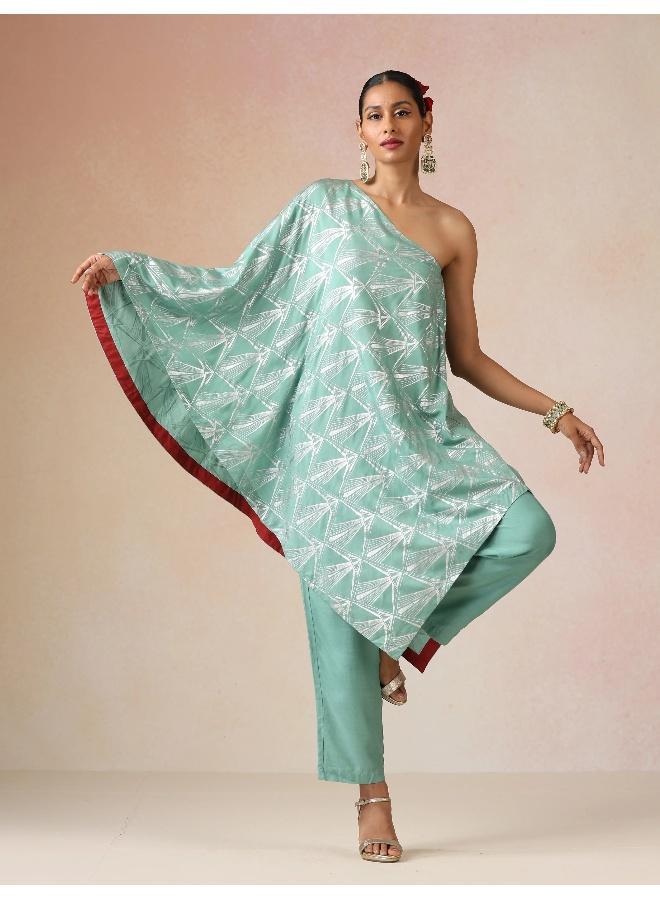 trueBrowns Mint Green Silver Foil Print Muslin Silk Asymmetric One-Shoulder Kurta Co-ord Set - Image 1