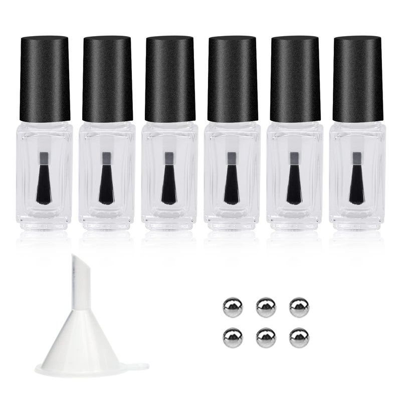Agidea Empty Nail Polish Bottles with Round Paddle Brush 5ML 6PCS Small Empty Glass Refillable Nail Polish Containers with Mixing Balls Funnels Matte Black
