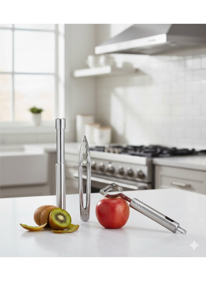 روملين طقم أدوات مطبخ – مقشرة، ملقط طعام، ومفرغ تفاح