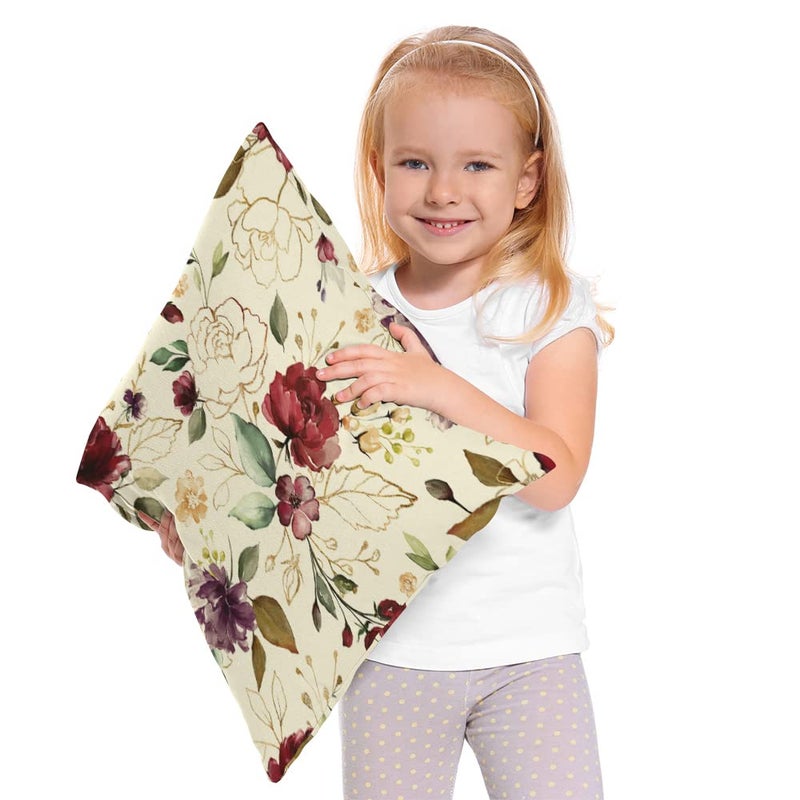 Beabes Pillow Cover Roses, Vintage Gold Burgundy Flowers Leaves Decorative Square Pillowcases Cotton Linen Cushion Cover 18x18 Inch for Sofa Bedroom Home Car Office - Image 2