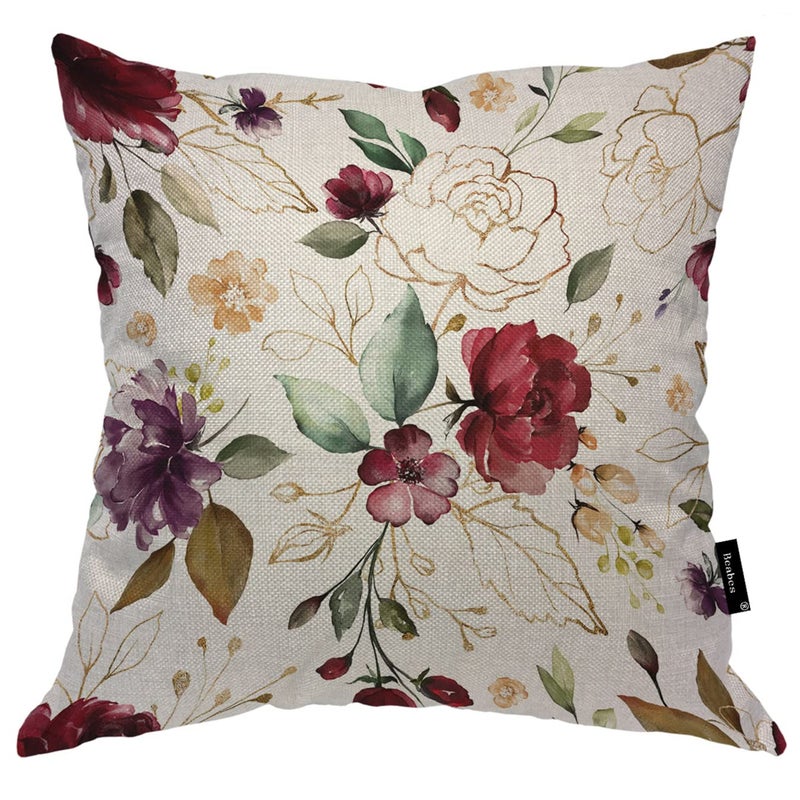 Beabes Pillow Cover Roses, Vintage Gold Burgundy Flowers Leaves Decorative Square Pillowcases Cotton Linen Cushion Cover 18x18 Inch for Sofa Bedroom Home Car Office - Image 1