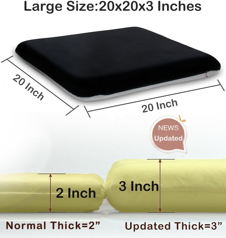 Sigmat Recliner Cushion for Elderly with Memory Foam 20x20x3 Inches Large Square Seat Cushion for Recliner Chair, Floor Pillow, Truck Seat Cushion Black-Grey - Image 2