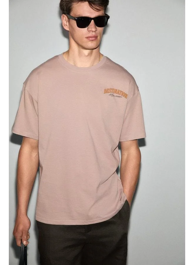 GRIMELANGE ESPADA Men's 100% Organic Cotton Round Neck Printed Detailed Powder T-Shirt.
