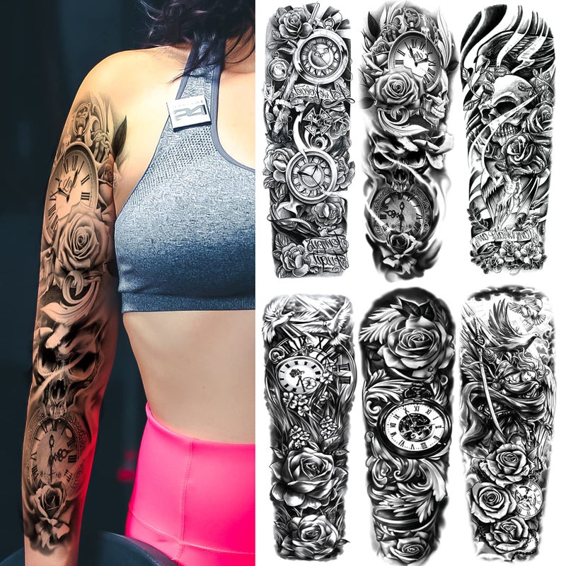 Kotbs Kotbs 6 Sheets Large Flower Temporary Tattoo Sleeves for Women, Realistic Clock and Rose Design, Fake Sleeve Tattoos for Cosplay, Halloween, and Festivals