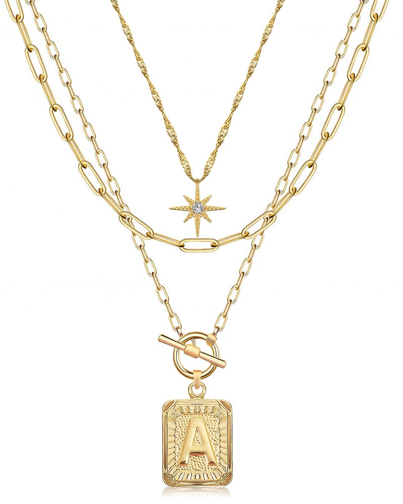 MJartoria Layered Initial Necklaces for Women Trendy, 14K Gold Plated Simple Star Choker Square Letter Pendant Necklace, Paperclip Chain Necklace, Gold Necklaces Jewelry Gifts (Gold, A.) - Image 1