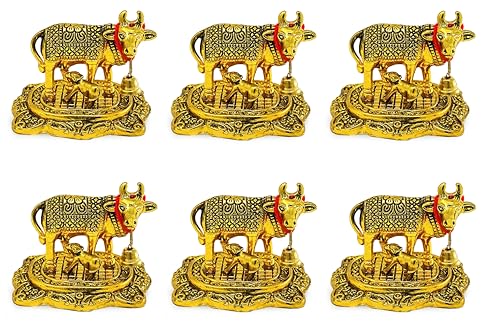 NOBILITY Pooja Items Diwali Gift Golden Small Kamdhenu Cow with Calf Metal Statue Decorative Item Showpiece for Home Office Decoration Wedding Return Gifts Pack of 6 - Image 1