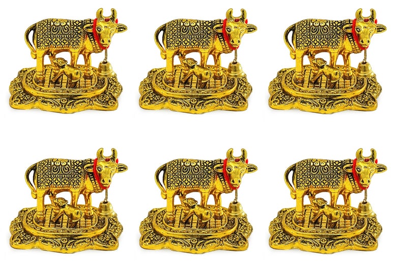 NOBILITY Pooja Items Diwali Gift Golden Small Kamdhenu Cow with Calf Metal Statue Decorative Item Showpiece for Home Office Decoration Wedding Return Gifts Pack of 6 - Image 2
