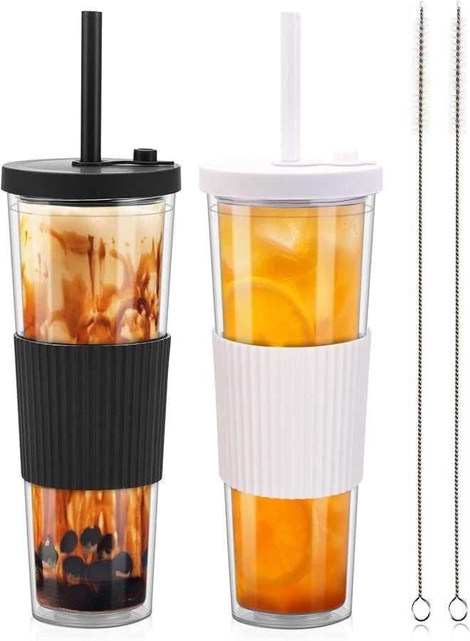 MeRaYo Double Wall Coffee Tumbler with Lid & Straw Leak-Proof Plastic Travel Sipper for Tea, Coffee, Smoothies Cup (Black White) - Image 1