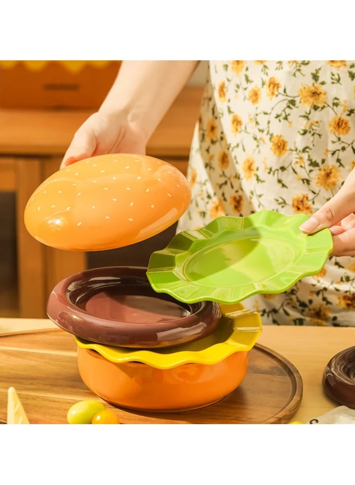 أطقم أطباق وأوعية خزفية، طراز برجر لطيف 5 قطع، أطقم أدوات مائدة للعشاء والحلويات وأوعية حبوب مع أغطية. - Image 2