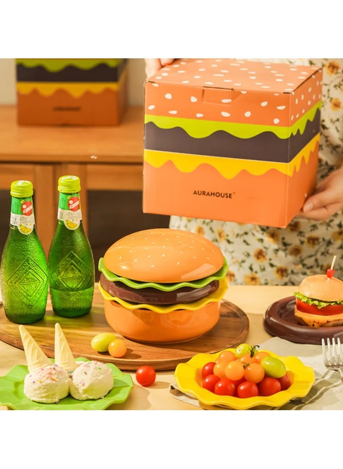 أطقم أطباق وأوعية خزفية، طراز برجر لطيف 5 قطع، أطقم أدوات مائدة للعشاء والحلويات وأوعية حبوب مع أغطية. - Image 4