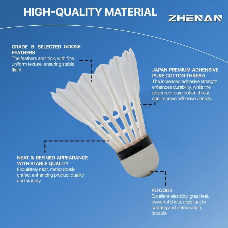 ZHENAN Goose Feather Badminton Shuttlecocks,12 Pack Nylon Feather Badminton Birdies-Hight Speed Training Birdie Ball for Indoor and Outdoor Matches,Highly Stable & Durable Shuttle Balls - Image 4
