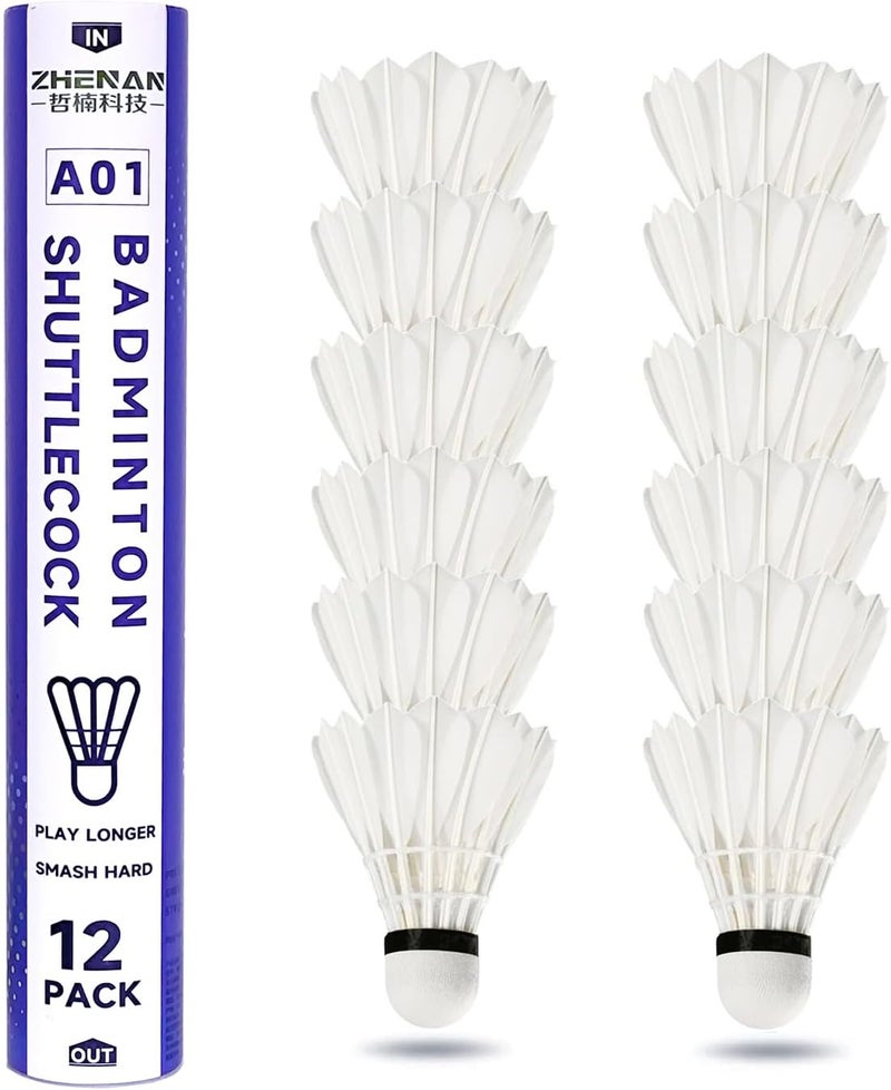 ZHENAN Goose Feather Badminton Shuttlecocks,12 Pack Nylon Feather Badminton Birdies-Hight Speed Training Birdie Ball for Indoor and Outdoor Matches,Highly Stable & Durable Shuttle Balls - Image 1