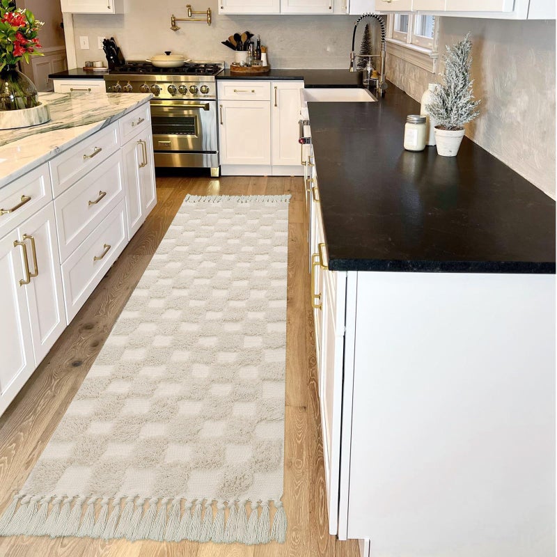 LANFFIA Lanffia Boho Checkered Tufted Rug - 2x7 Runner Rug Beige Hallway Runner Washable with Tassels Indoor Farmhouse Floor Carpet for Kitchen Bathroom Laundry Doorway Bedroom Living Room  - Image 5