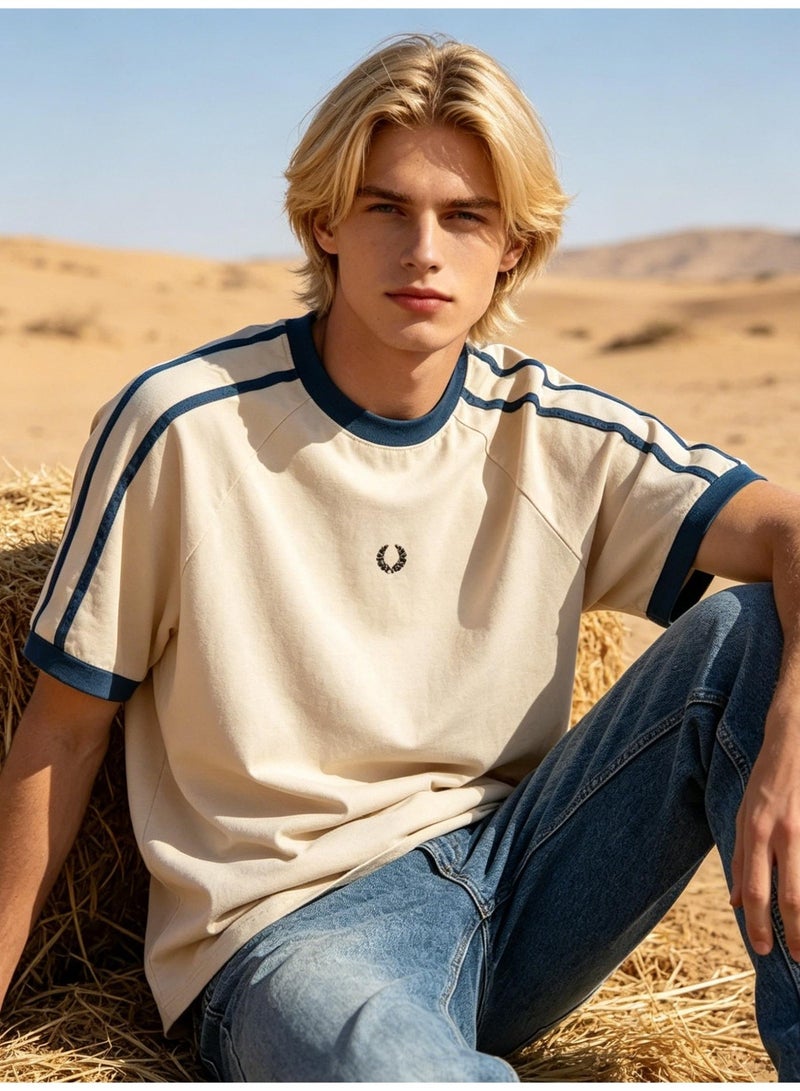 فريد بيري Fred Perry short-sleeved T-shirts with the same sports style for men and women contrast parallel bars loose casual couple tops, cotton breathable versatile fashion tops. - Image 2
