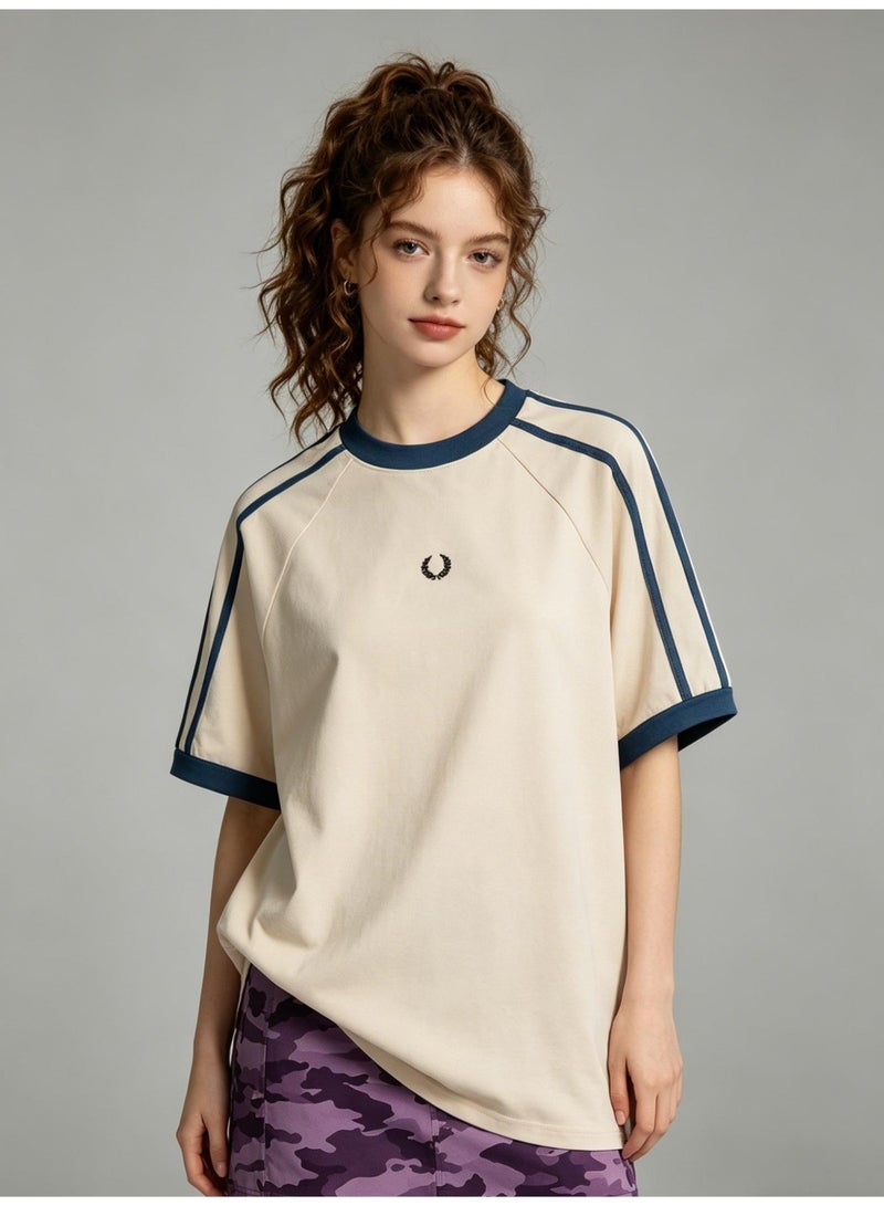 فريد بيري Fred Perry short-sleeved T-shirts with the same sports style for men and women contrast parallel bars loose casual couple tops, cotton breathable versatile fashion tops. - Image 4