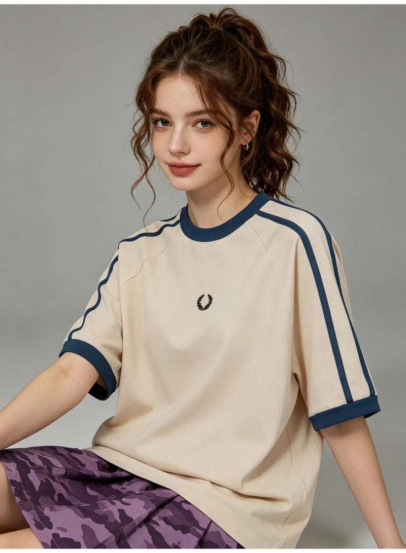 فريد بيري Fred Perry short-sleeved T-shirts with the same sports style for men and women contrast parallel bars loose casual couple tops, cotton breathable versatile fashion tops. - Image 1