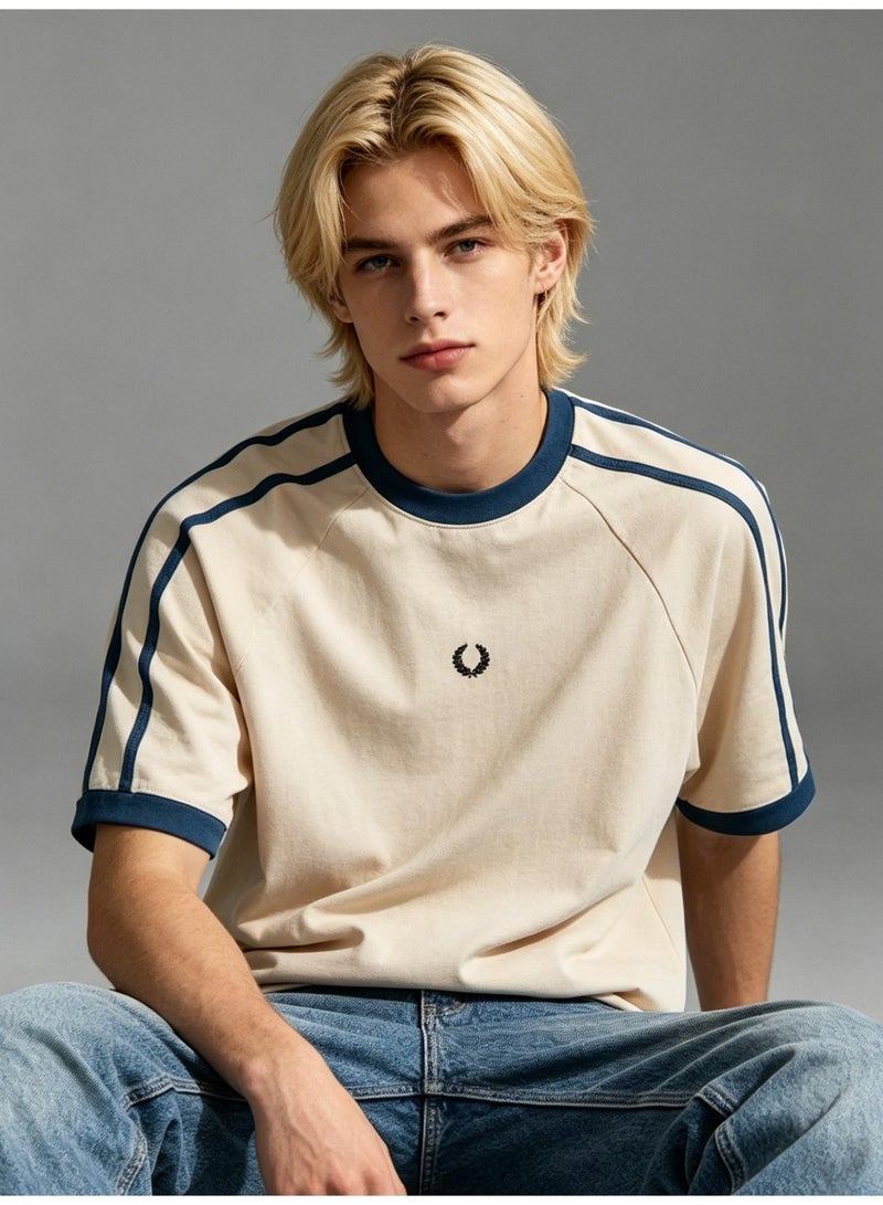 Fred Perry short-sleeved T-shirts with the same sports style for men and women contrast parallel bars loose casual couple tops, cotton breathable versatile fashion tops. - Image 1