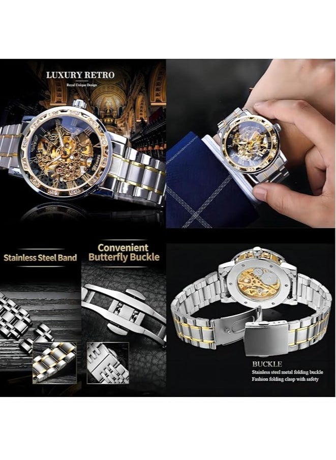 General Men's Automatic Mechanical Watch, Luxury Mechanical Stainless Steel Waterproof Black Automatic Self-Winding Roman Numeral Diamond Dial Watch, Classic Business Fashion Watch  - Image 5