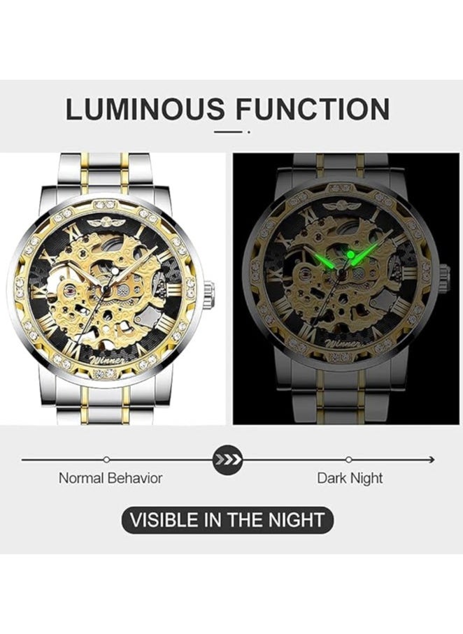 General Men's Automatic Mechanical Watch, Luxury Mechanical Stainless Steel Waterproof Black Automatic Self-Winding Roman Numeral Diamond Dial Watch, Classic Business Fashion Watch  - Image 2
