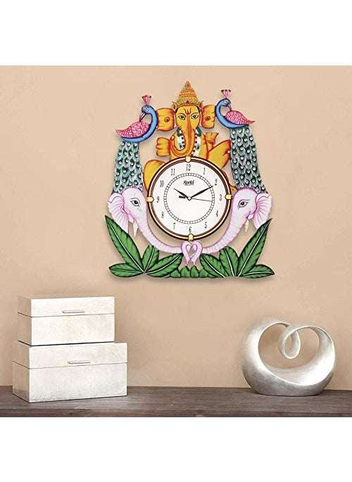 CIRCADIAN - CIRCADIAN Ajanta Wooden Analog Wall Clock Design for Home Hall Living Room Decor Office Kids Bedroom Stylish Ethnic Antique Decorative Red Colour Peacock 44X37CM - Image 1
