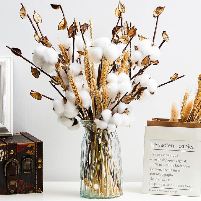 24 PIECES FARMHOUSE COTTON FLOWERS 177 INCH FAKE ARTIFICIAL COTTON STEMS WITH HEAD DRIED WHEAT STALKS NATURAL WHEAT BOUQUET BUNCH FOR GRADUATION BOUQUET TABLE HOME KITCHEN WEDDING OFFICE DECOR